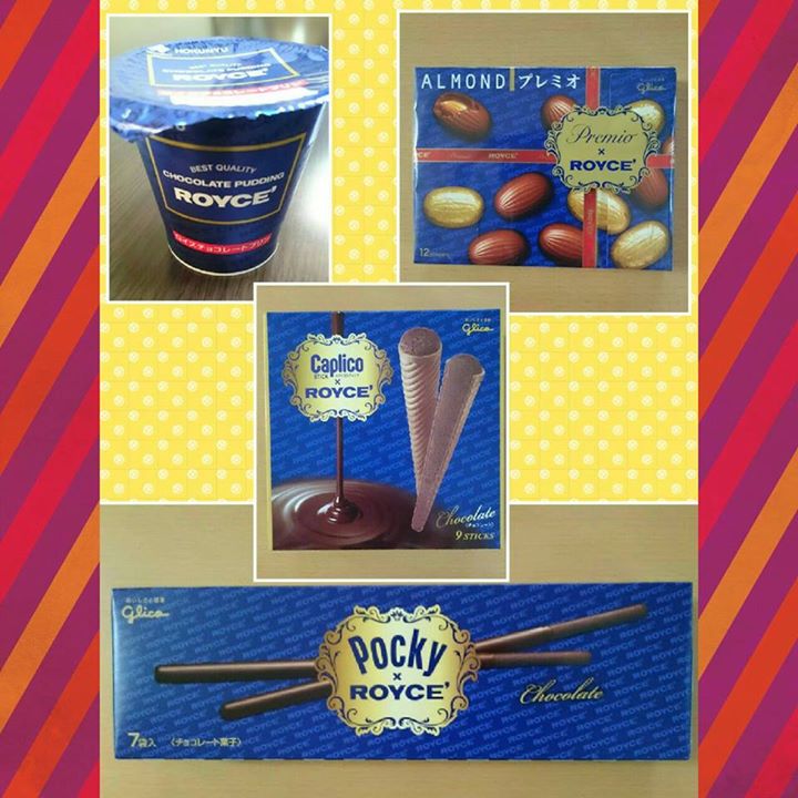 スーパー・コンビニ・その他 プリン,お菓子,チョコレート グリコとROYCEのコラボ(ポッキー、カプリコ、ALMONDプレミオ)、ロイズチョコレートプリン