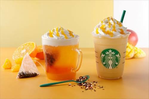 スターバックス コーヒー ジャパン(Starbucks Coffee Japan) ドリンク,ドーナツ マンダリンマンゴーティーフラペチーノ、シュガードーナツ、ストロベリードーナツ