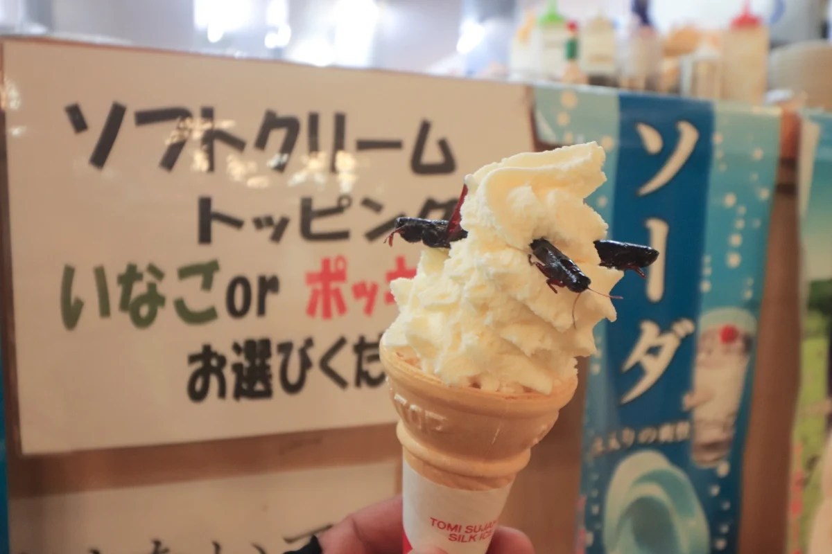 まだらおの湯 ソフトクリーム いなごの佃煮トッピング